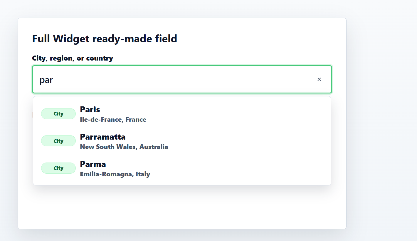 Full Widget autocomplete dropdown with clear button and structured location result rows.