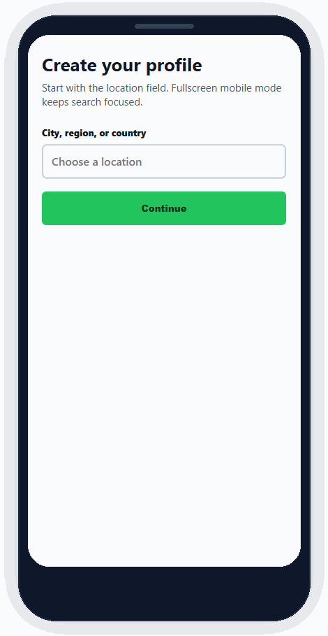 Animated fullscreen mobile PlaceField search flow opening from a location input and showing matching location results.